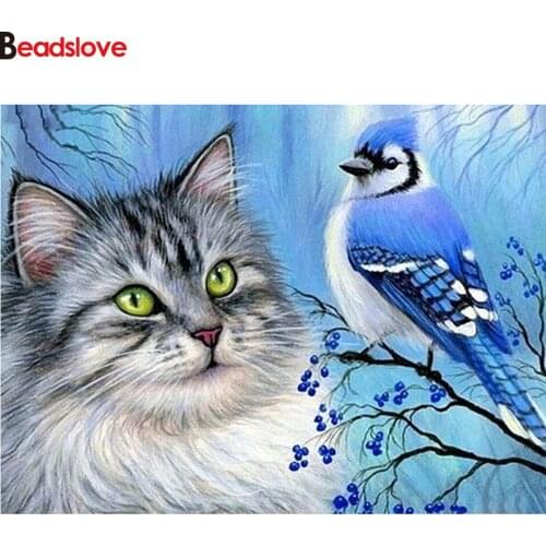 5d diy diamond painting cat and blue bird 3d hand craft cross stitch diamond full mosaic embroidery full drill handmade art gift