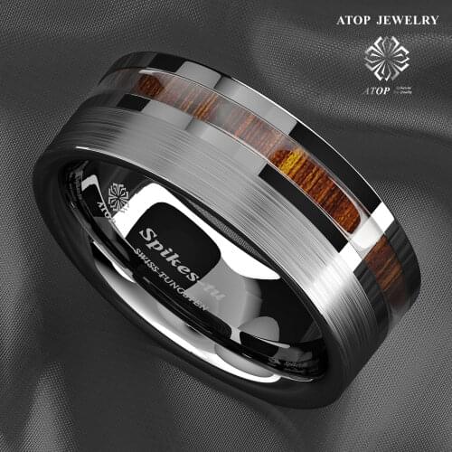 8mm Silver Brushed Tungsten Carbide Ring Off Center Koa Wood Wedding Band Ring