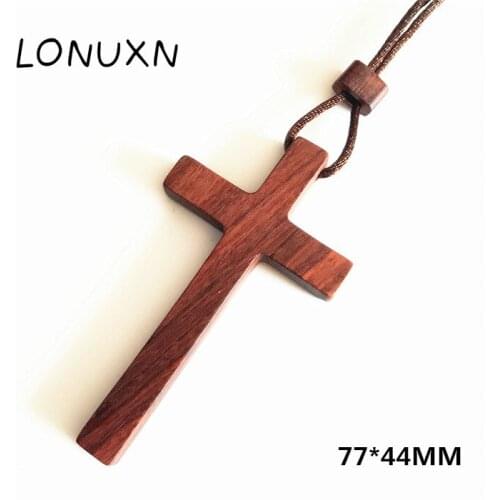 Large Wood Catholic Jesus Cross With Wooden Bead Carved Rosary Pendant Long Necklace Men Jewelry natural wood Red sandalwood