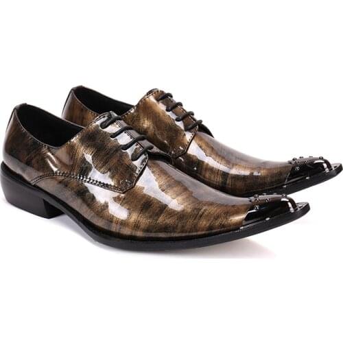 Christia Bella New Plus Size Metal Pointed Toe Male Oxfords Shoes Brown Lacquer Mens Party Shoes Man Real Leather Brogue Shoes
