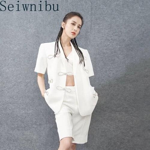 Elegant Two Piece Sets Womens Fashion Design White Rhinestone Bow Loose Suit Jacket + High Waist Short Pants Outfits 2020 New