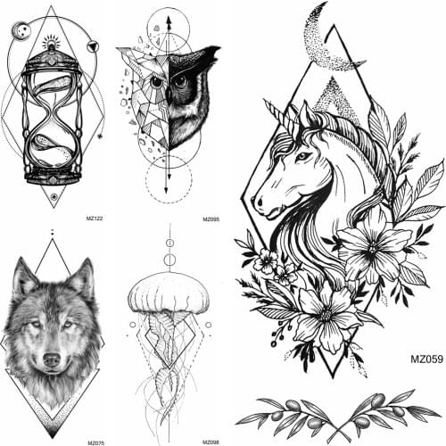 Geometric Unicorn Temporary Tattoo Fake Flower Planets Wolf Owl Jellyfish Tatoo For Adult Body Art Painting Arm Waterproof Tatoo