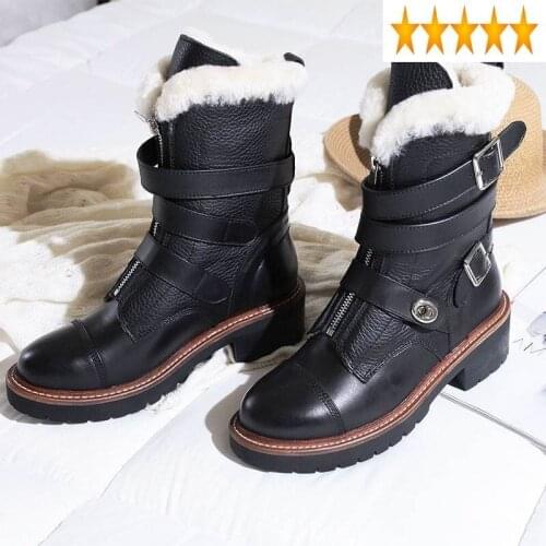 Genuine Cowhide Winter Leather Women Ankle Brand Buckle High Top Shearling Biker Shoes Zipper Thick Wool Lining Snow Boots