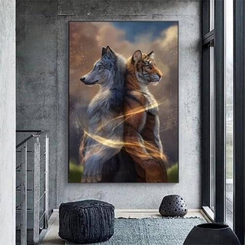 Animal Canvas Painting Tiger And Wolf Standing Back to Back Modern Wall Art Picture for Living Room Home Decor Poster and Prints