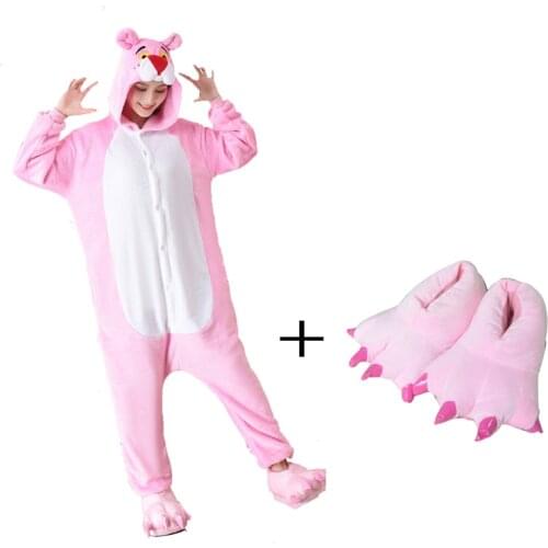 FLannel Animal Onesie Pink Panther Kigurumi Women Pajamas Cartoon Onesies For Adults One-Piece Pijamas Girls Sleepwear Pijama