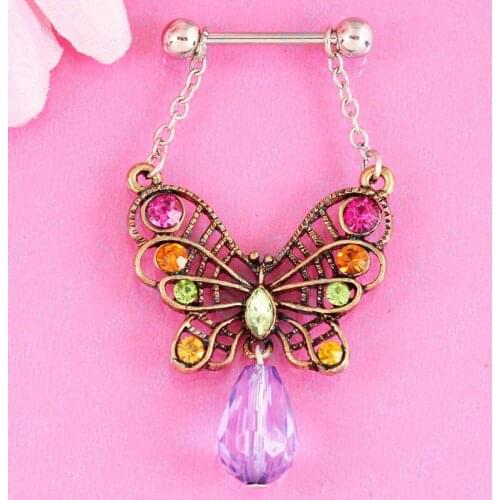Butterfly Pendant Nipple ring body piercing jewelry Nickel-free 14G 316L surgical steel pair