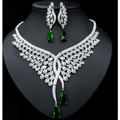 2020 Hot sale New fashion vintage red green blue crystal water drop necklace earring set wedding party birthday jewelry