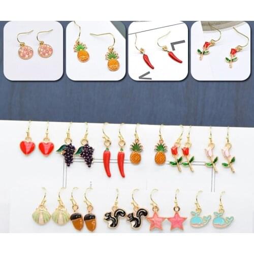 Cute Women Fruit Drop Earrings Zinc Alloy Small Flowers Pineapple Shells Stars Grapes Love Squirrel Ear Hooks Dangle Earrings