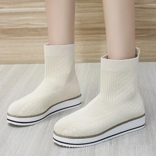 New Socks Shoes Women Thick-soled Short Boots Female Casual Solid Knitted Ladies Large Size For Woman 2021 Autumn Winter