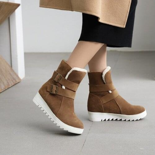 Ochanmeb 2022 Winter Warm Fleece Plush Faux Fur Snow Boots for Women Fashion Double Belt Buckle Strap Ankle Boots Woman Shoes 43