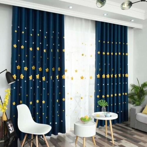 Cartoon Smile Star Embroidered Tulle Curtain for Kids Boys Bedroom Semi-Blackout Navy Blue Window Treatment Drapes JS250C