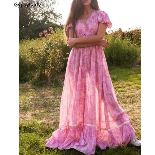 GypsyLady Floral Maxi Printed Dress Pink Summer Holiday Women Dresses Lantern Sleeve Button Front Chic Ladies Female Dress 2021