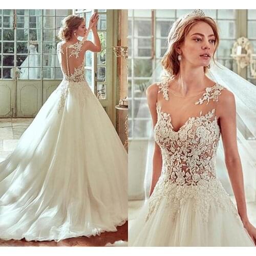 Glamorous See-through A-Line Wedding Dresses With Beaded Lace Appliques Bridal Gowns 2020 vestido de noiva