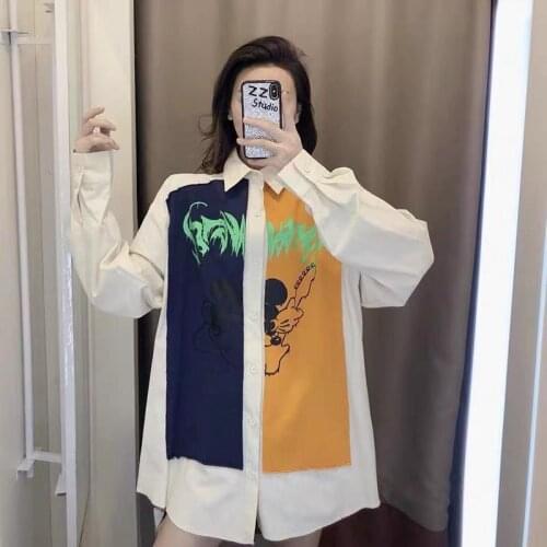 Funny Summer Loose Couple Patchwork Shirt Women Cool Gothic Hip Hop Tops Harajuku Clothes Autumn Long Sleeve Korean Shirt Girl