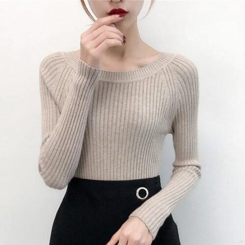 Women Solid Knit Pullovers Ladies Fashion 2021 New Autumn Slash Neck Elastic Pull Tops Fall Casual Warm Sweaters High Quality