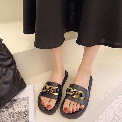 LAASIMI Flat With Mules Slides for Women Summer Fashion Chain Slippers Outside Mixed Colors Shoes Woman British Style Footwear