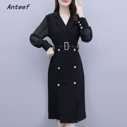 Anteef long sleeve black dresses for women casual midi woman spring autumn pencil dress elegant clothes 2021