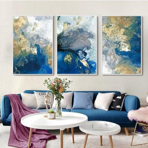 Blue Gold White Abstract Art Painting Ocean Landscape Wall Art Picture Canvas Print Modern Home Living Room Decoration Poster