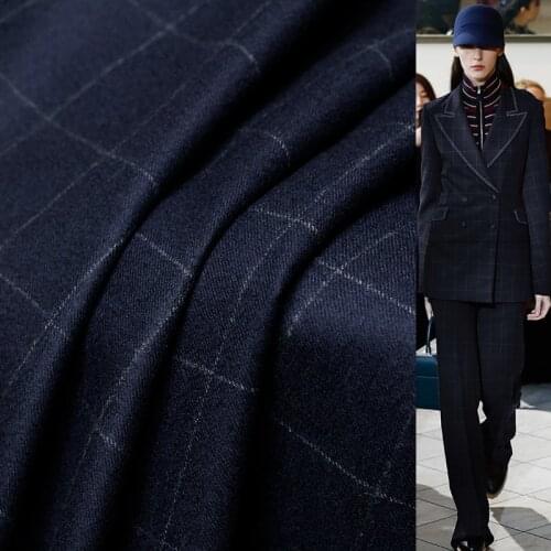 White Waxberry Japanese Navy Blue Plaid Worsted Wool 100%Wool Garment Material Autumn Women Jacket Suit Sewing Cloth Freeshippin