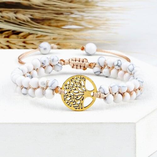 Beaded Bracelet 4mm Handmade White Howlite Stone Charm Tree of Life Reiki Mala Healing Bracelets Women Men Yoga String Jewelry