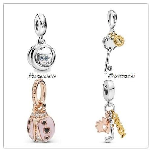 925 Sterling Silver Bead Charm Rose Lucky Pink Ladybird Pendant Beads Fit Pandora Bracelet & Necklace Diy Jewelry