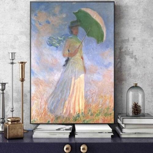 100% Hand Painted Impressionist Oil Paintings Claude Monet Woman with A Parasol Wall Art Famous Canvas for Living Room Decor