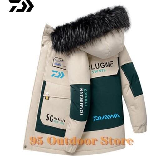 Daiwa Winter Mens White Duck Down Jackets Thicken Warm -30 Degree Hooded Parkas Coats Fishing Casual Fur Collar Mid-length Wind