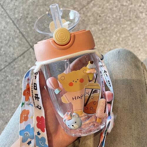400ML Cute Cartoon Childrens Water Bottle Belt Straw Cup Portable Travel Drop-Resistant Student Plastic Sports Bottle