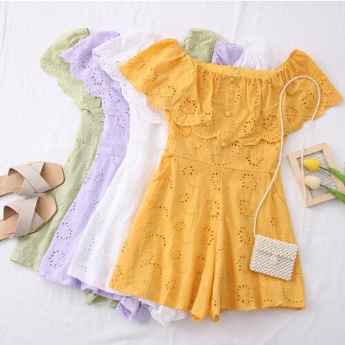 Fashion Womens 2021 New Summer Romper Off Shoulder Ruffle Solid Versatile Causal Bodysuit Elegant Ladies Hollow Jumpsuit Short