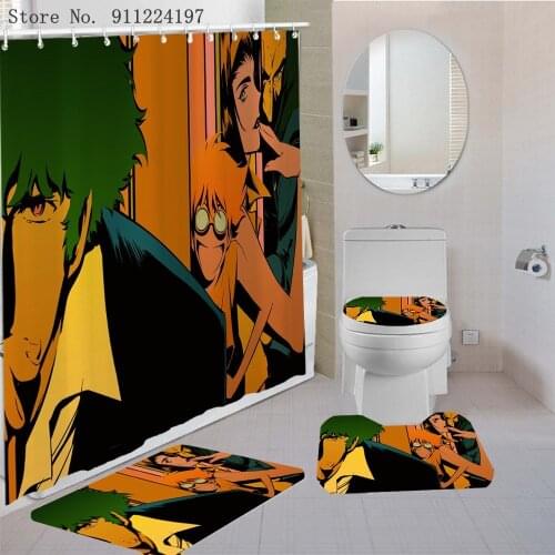 Cartoon Anime Bathroom Non-slip Mat Set Cowboy Bebop Waterproof Shower Curtain Set Pedestal Rug Lid Toilet Cover Bath Mat Rugs