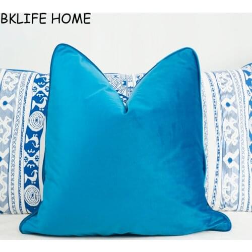 Piping Design Lake Blue Velvet Cushion Cover Pillow Case Soft Pillow Cover No Balling-up Without Stuffing