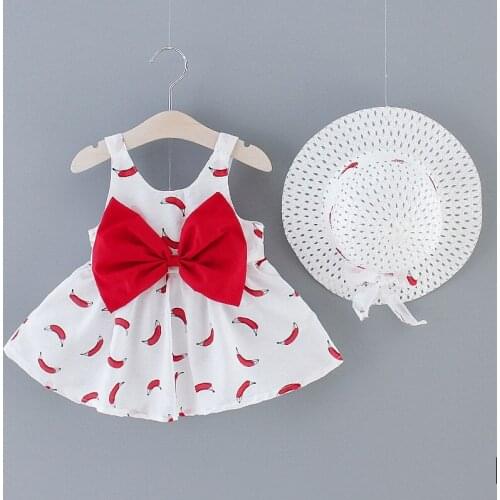 New Summer Baby Dresses Casual Cute Infant Kids Baby Girls Fruit Dot Print Bow Sleeveless Clothes Princess Party Dress + Sun Hat