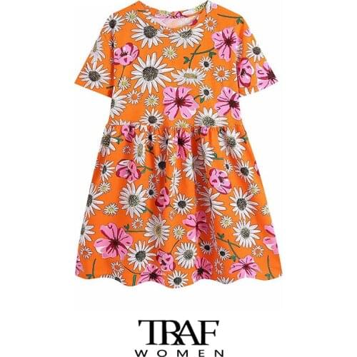 TRAF Za Women Chic Fashion Floral Print Pleated Mini Dress Vintage O Neck Short Sleeve Female Dresses Vestidos Mujer