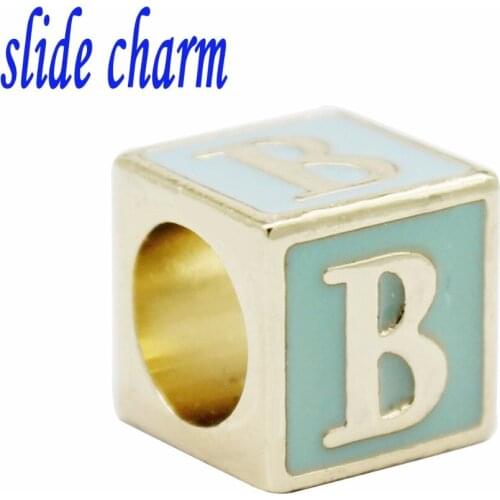 Slide charm New zinc alloy popular jewelry geometric square painted letters B charm beads fit Pandora bracelets