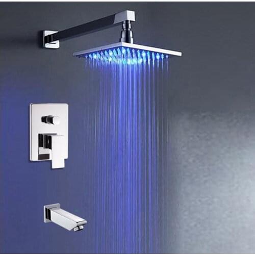 Polished Chrome In-wall Bath Shower Faucet Brass Tub Spout 8" LED Light Rain Shower Head Single Handle Mixer Taps