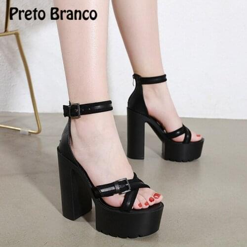 PRETO BRANCO Womens Sandals for Women and Ladies 2020 Summer High Heel Waterproof Platform Cross Sandals Black JXQ-9958-2