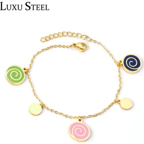 LUXUSTEEL Round Coloful Pendants Stainless Steel Chains Bracelets Trendy Style Stainless Steel Bracelets Bangles Wholesale