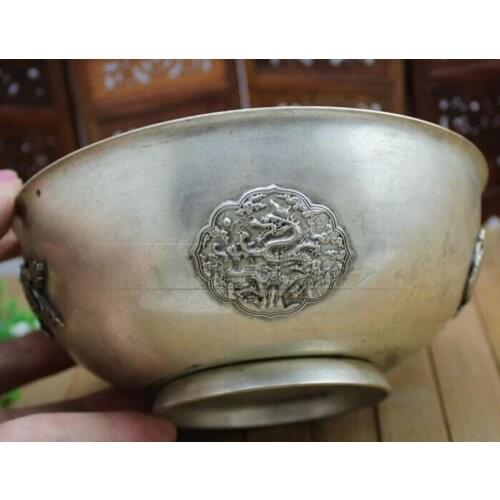 Christmas decorations for home+ Metal Crafts Collect tibet siliver antique carved dragon bowl free shipping