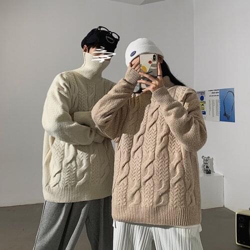 Winter Turtleneck Sweater Mens Warm Fashion Retro Knitted Pullover Men Korean Loose Casual Long Sleeve Sweater Mens Clothes