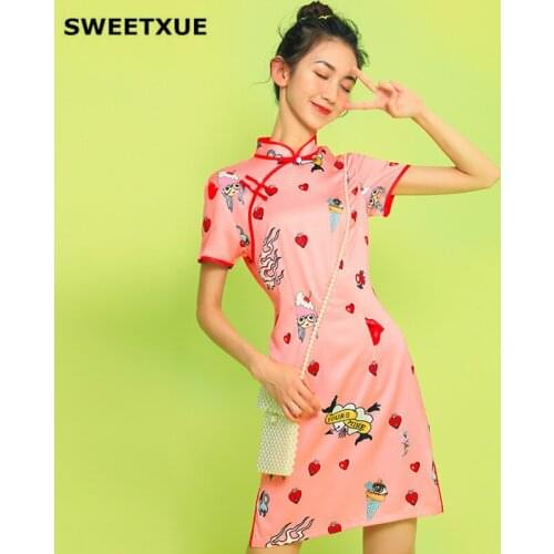 SWEETXUE Pink Chinese Style Improved Cheongsam Fashion Mini Dress 2019 Summer Lce Cream Love Cartoon Girl Print Party Dress