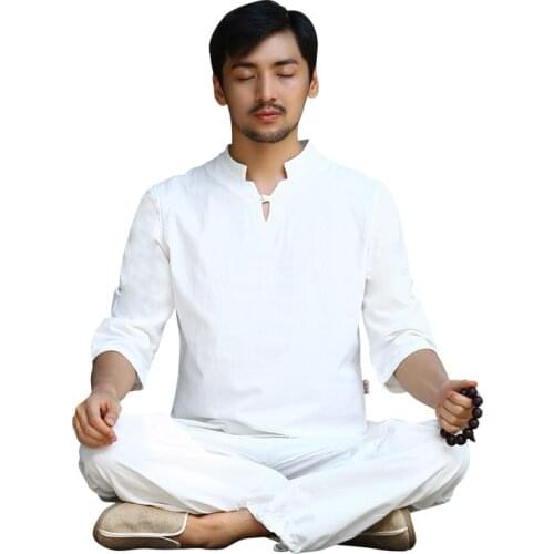 Spring Men Yoga Set Linen Loose Wide Leg Yoga Pant Yoga Shirts Male Martial Arts Tai Chi Uniform Meditation Yoga Suit Casual Set