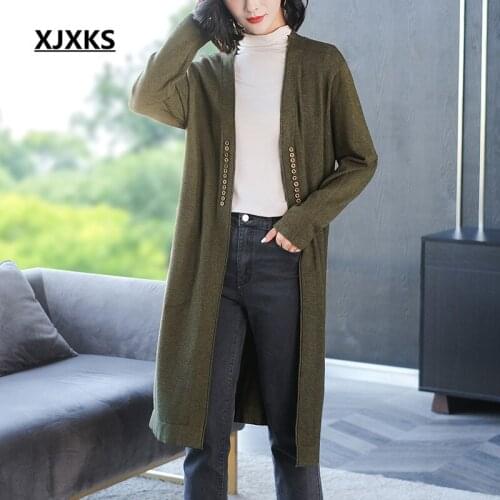 XJXKS High quality cashmere knitted long cardigan women coat 2020 autumn winter new loose plus size women sweater jacket