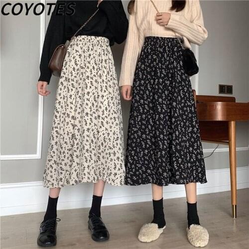COYOTES Womens Skirts Floral High Waist Mid-Calf Skirts Print A-Line Sweet Summer Longth Skirt Korean Style Slim All-Match