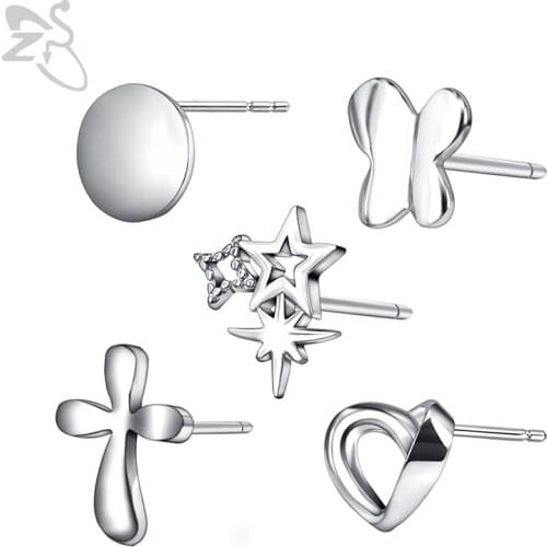 ZS Star Stud Earrings For Women Real 925 Sterling Silver Heart Aretes Round Ear Pin Silver Butterfly Brinco Fashion Jewelry