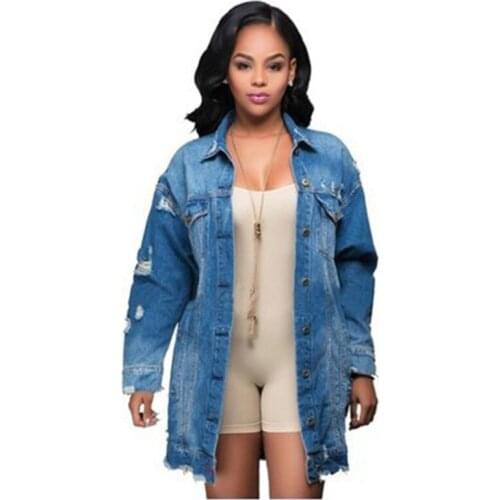 Denim Trench Coat Women European American Street Long-sleeved Holes To Make Old Denim Coat Female Single-breasted Blue Coat Q232