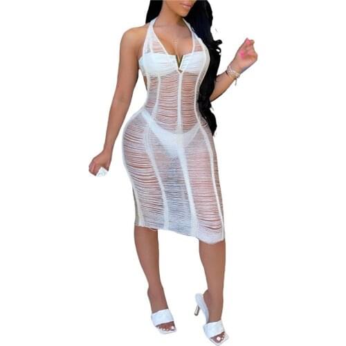 Women Solid Color Hollow-out Bikini Cover Ups Deep V-neck Hollow Out See-through Beach Dress Swimsuit Cover-Ups Beach Wear