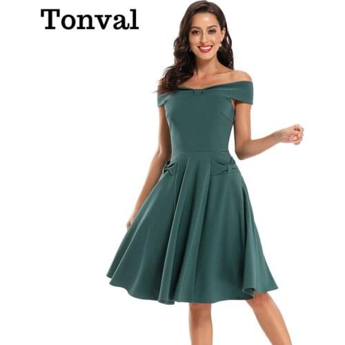 Tonval Green Solid Bow Off Shoulder Elegant Party Vintage Dress Women Slim Fit and Flare Midi Ladies Swing Dresses
