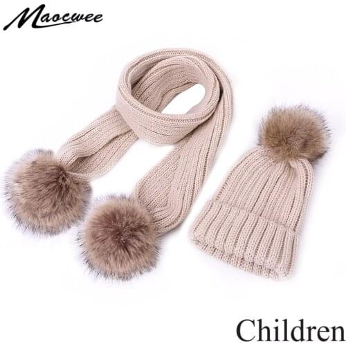 Winter Warm Knitted Cotton Hats Ladies Faux Fur Pompom Scarf Ski Parent-Child Caps Boy Girl Children Beanies For Women Skulli