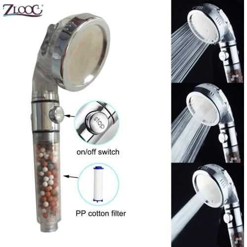 Zloog bathroom spa shower head rain high pressure shower head negative ion balls shower nozzle with stop button
