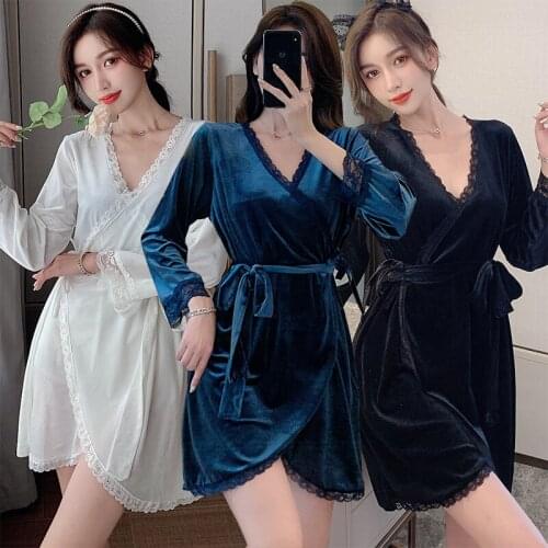 Gold Velvet Sexy Lace Mini Dress Robes for Women New Winter Long Sleeve Bathrobe Sleepwear Nightdress Homewear Night Gown Nighty